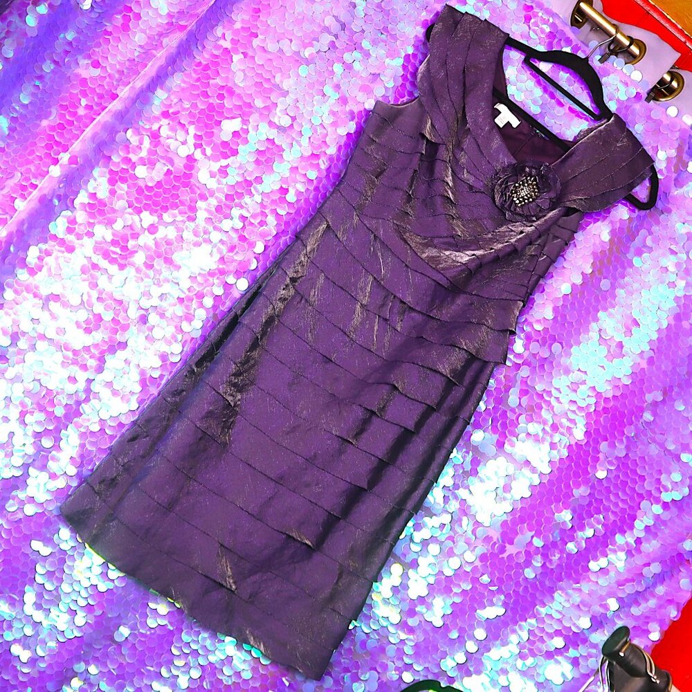 METALLIC PURPLE MINI DRESS 12 London Time Ruffled Rosette Party Cocktail NYE
